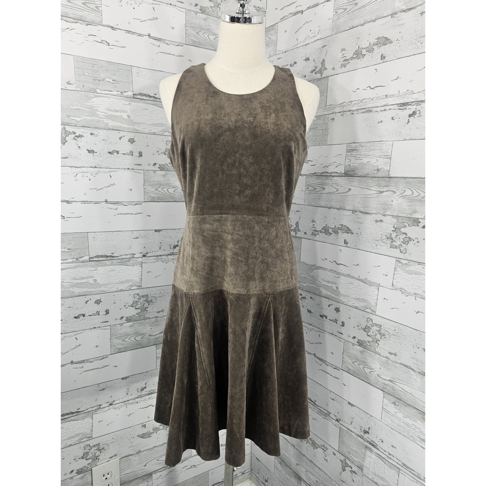 Ivanka Trump Faux Suede Fit and Flare Dress Taupe Brown Sleeveless Pleated Skirt